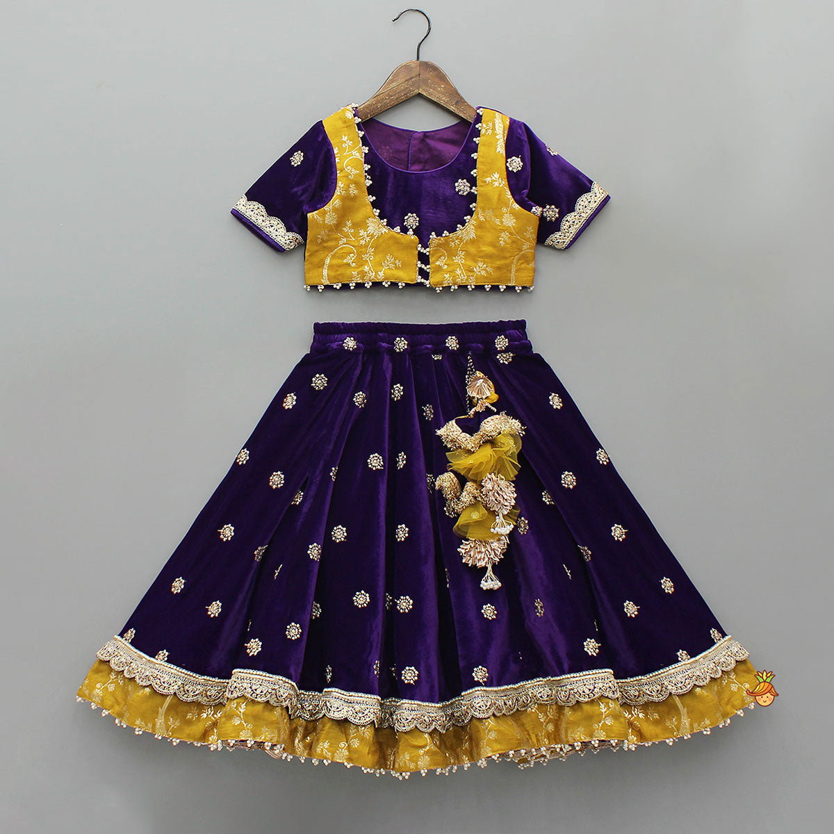 Pre Order: Stunning Velvet Jacket-Style Top With Embroidered Lehenga And Dupatta