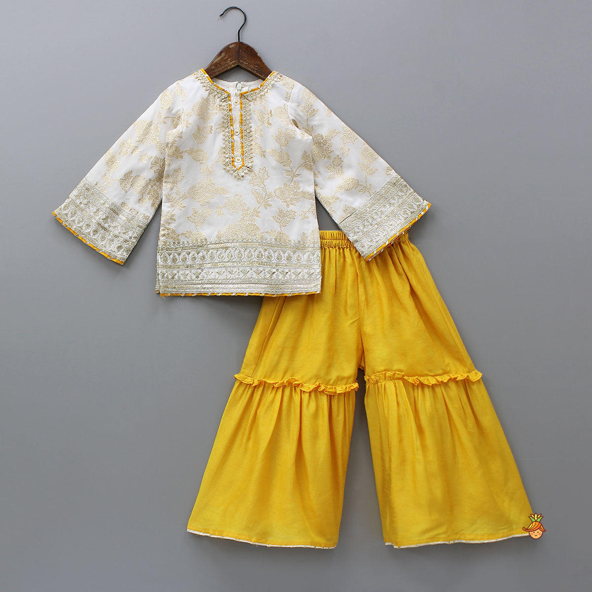 Pre Order: Flared Sleeves Top And Sharara With Net Dupatta