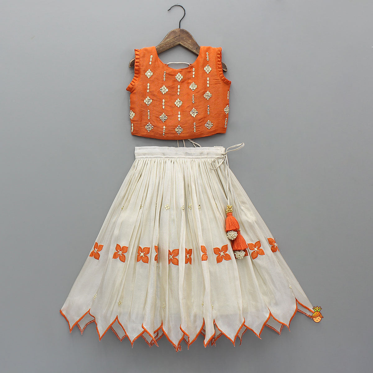 Pre Order: Shimmery Mirror Work Top With Floral Applique Lehenga