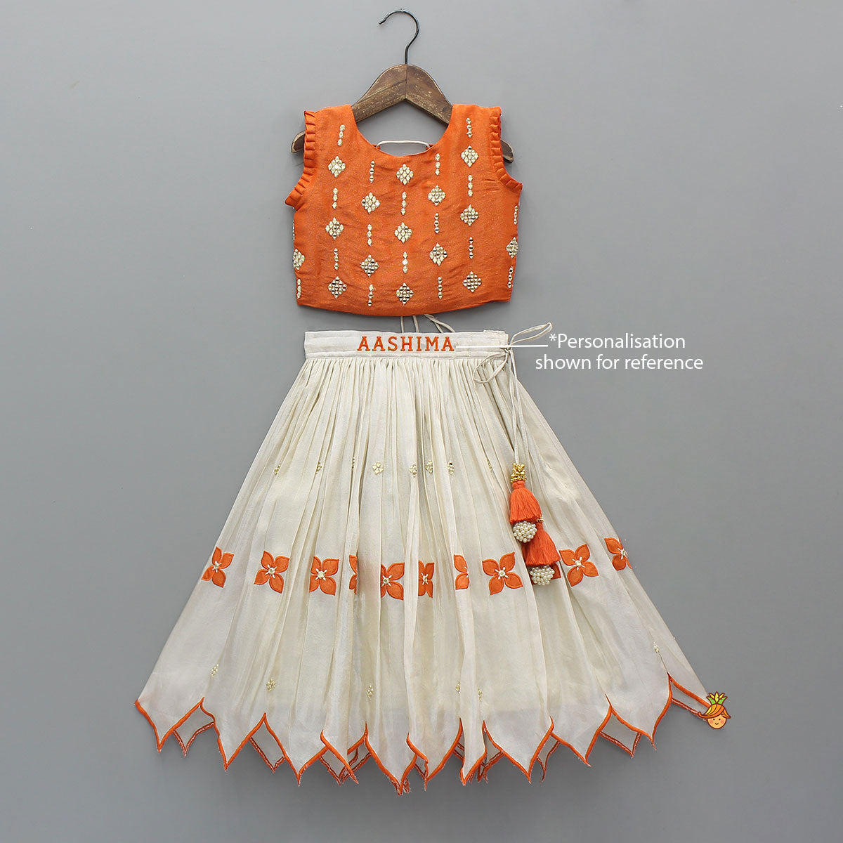 Pre Order: Shimmery Mirror Work Top With Floral Applique Lehenga