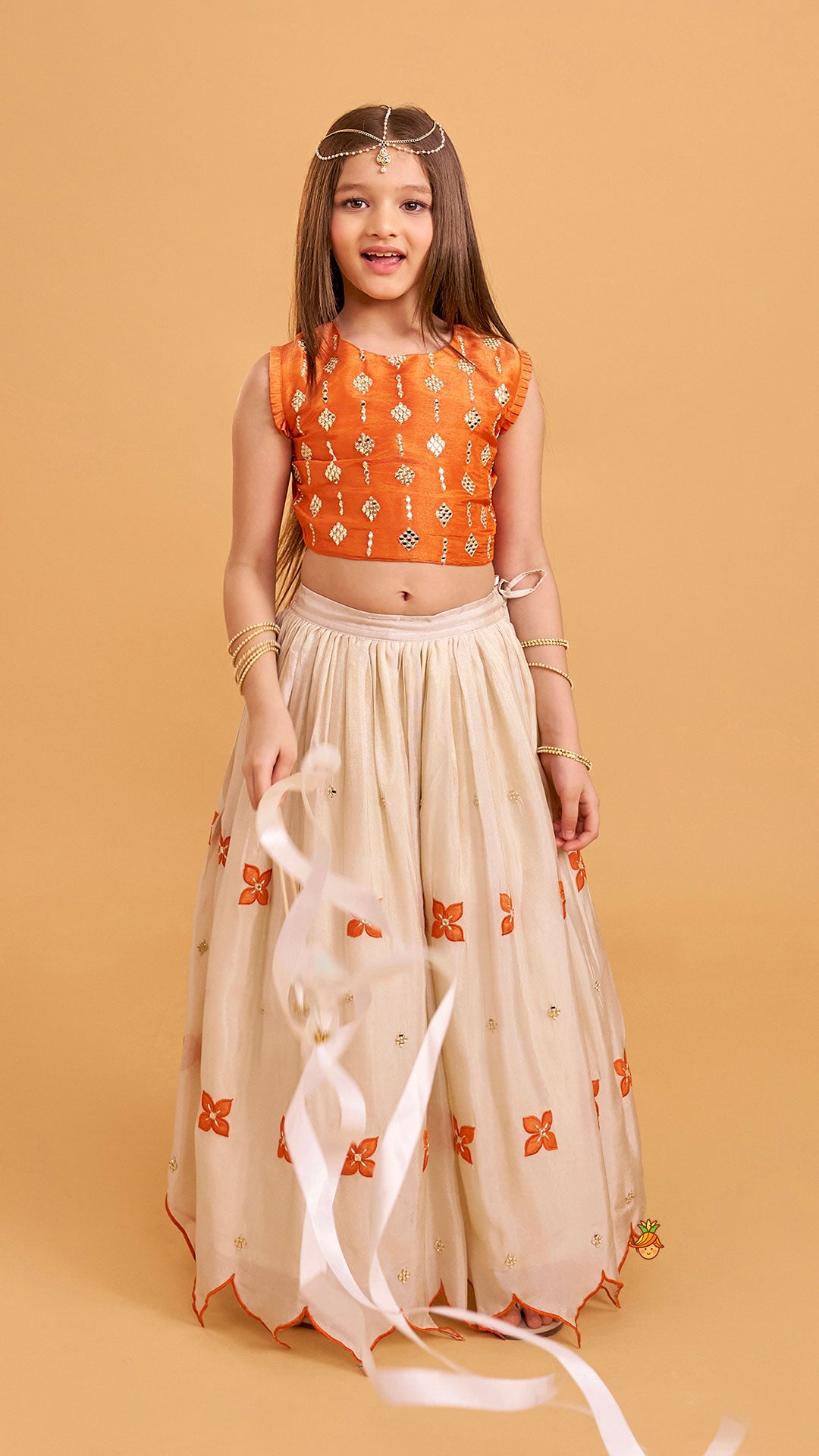 Pre Order: Shimmery Mirror Work Top With Floral Applique Lehenga