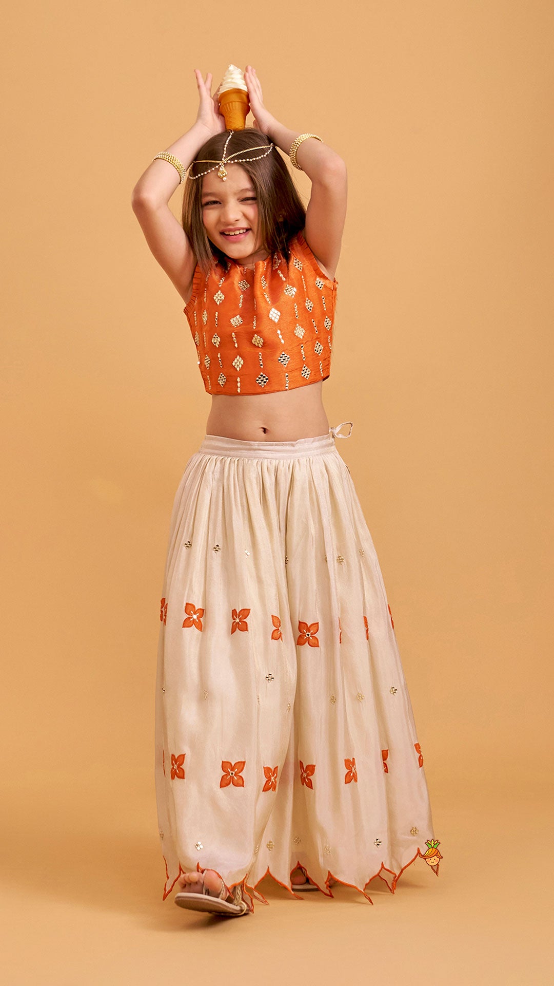 Pre Order: Shimmery Mirror Work Top With Floral Applique Lehenga
