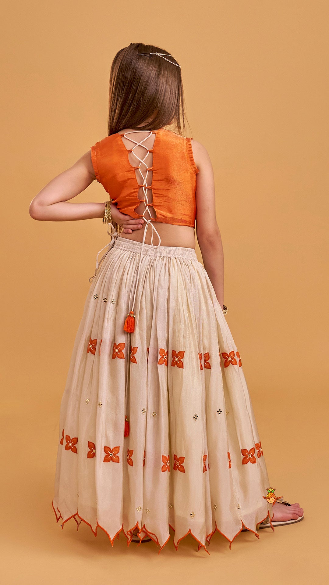 Pre Order: Shimmery Mirror Work Top With Floral Applique Lehenga