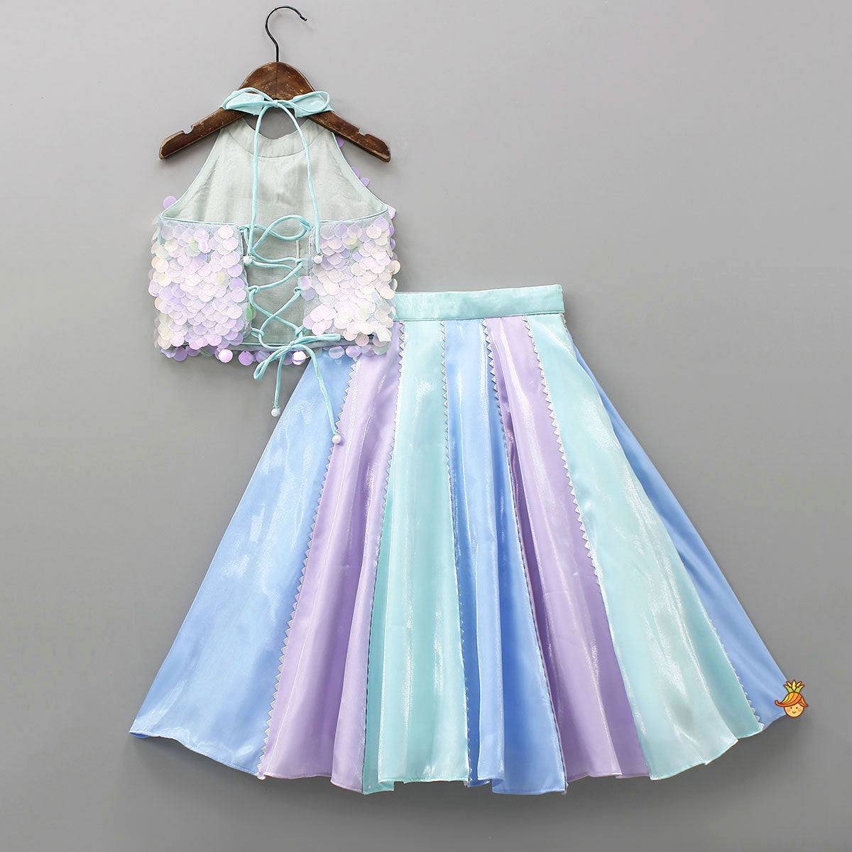 Pre Order: Sequined Halter Neck Top And Multicolour Shiny Lehenga With Net Dupatta
