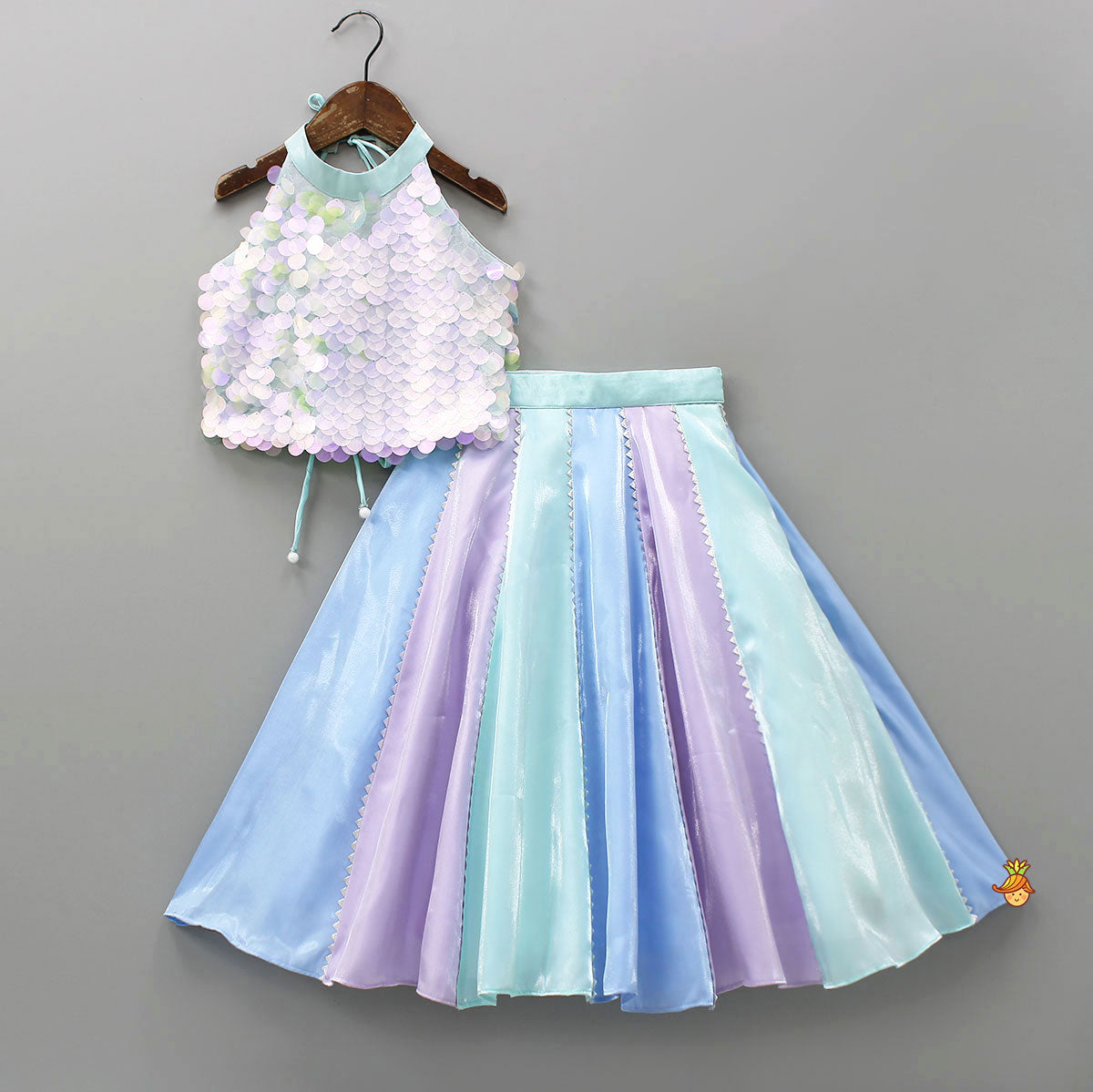 Pre Order: Sequined Halter Neck Top And Multicolour Shiny Lehenga With Net Dupatta