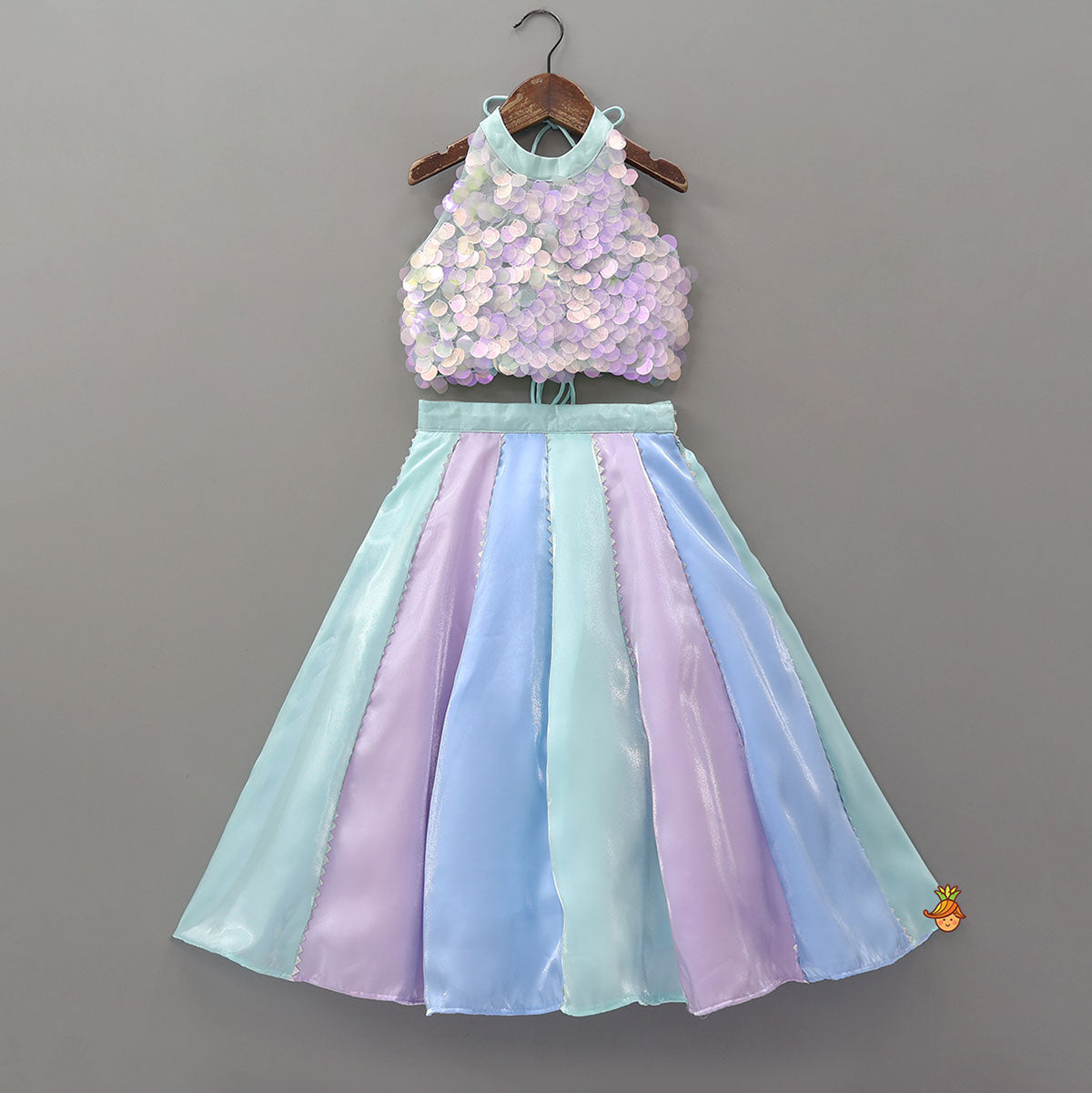 Pre Order: Sequined Halter Neck Top And Multicolour Shiny Lehenga With Net Dupatta