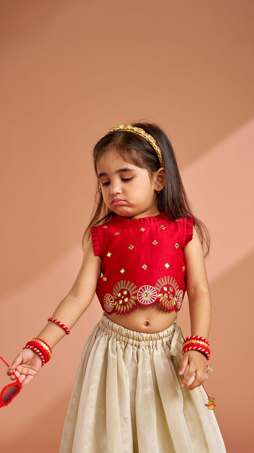 Pre Order: Mirror Work Pleated Top And Shimmery Lehenga