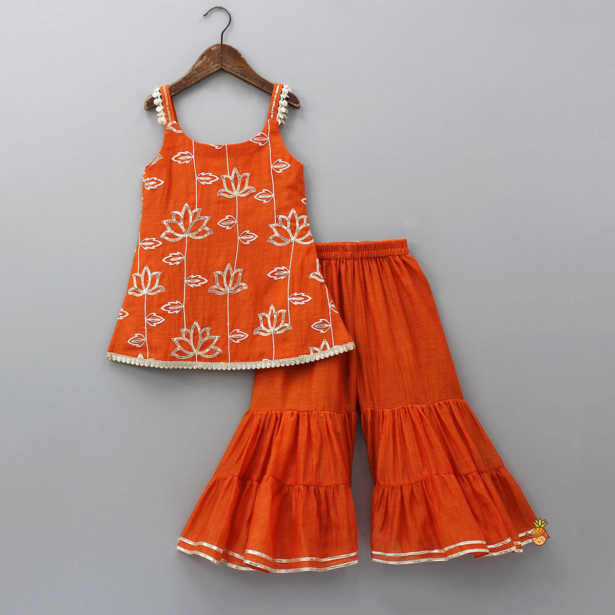 Pre Order: Beautiful Lotus-Embroidered Strappy Kurti With Sharara