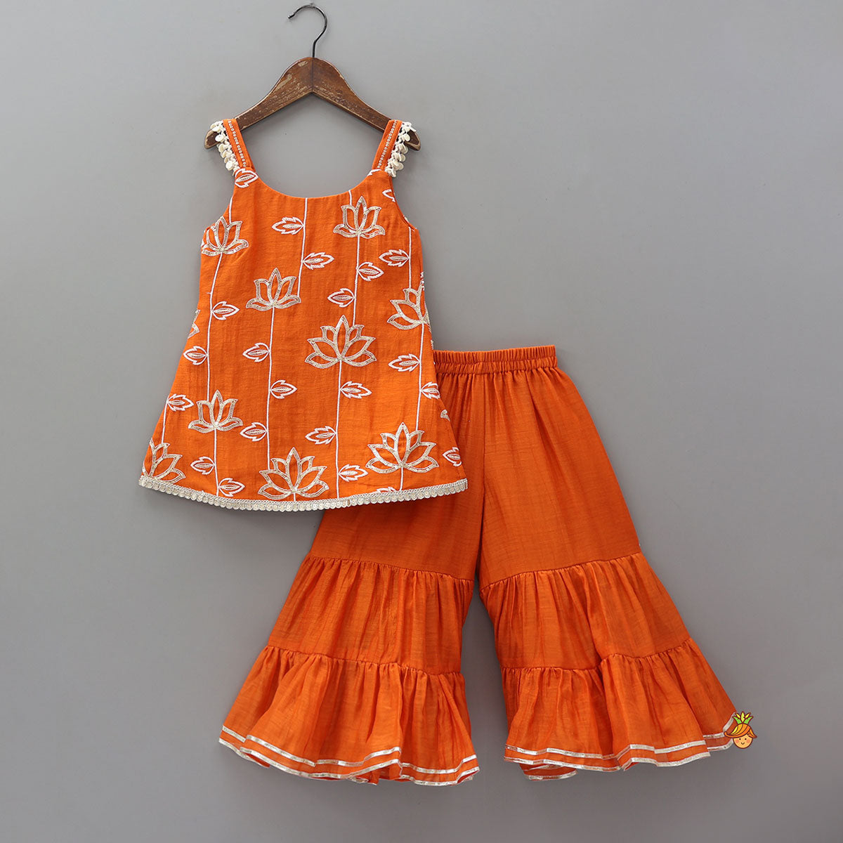 Pre Order: Beautiful Lotus-Embroidered Strappy Kurti With Sharara