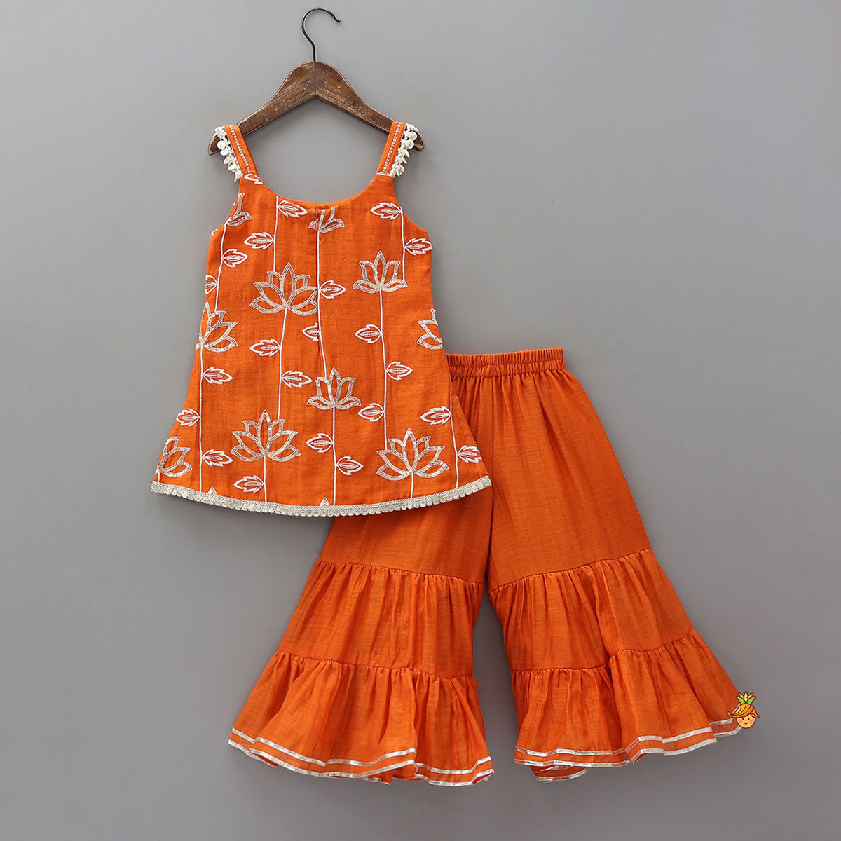 Pre Order: Beautiful Lotus-Embroidered Strappy Kurti With Sharara