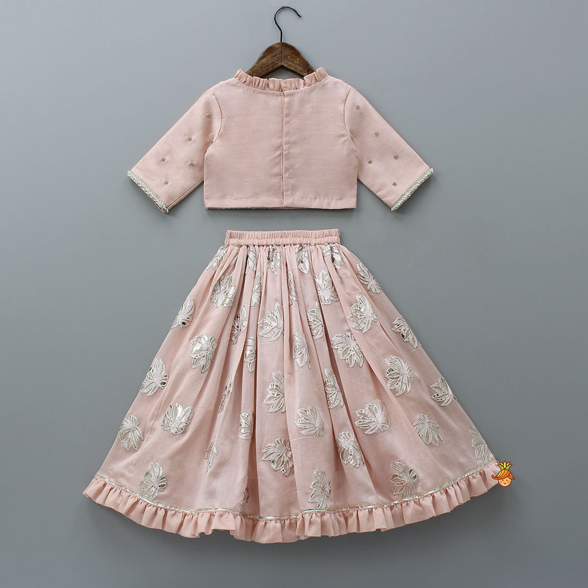 Pre Order: Frill-Enhanced Neckline Embroidered Top With Lehenga And Net Dupatta