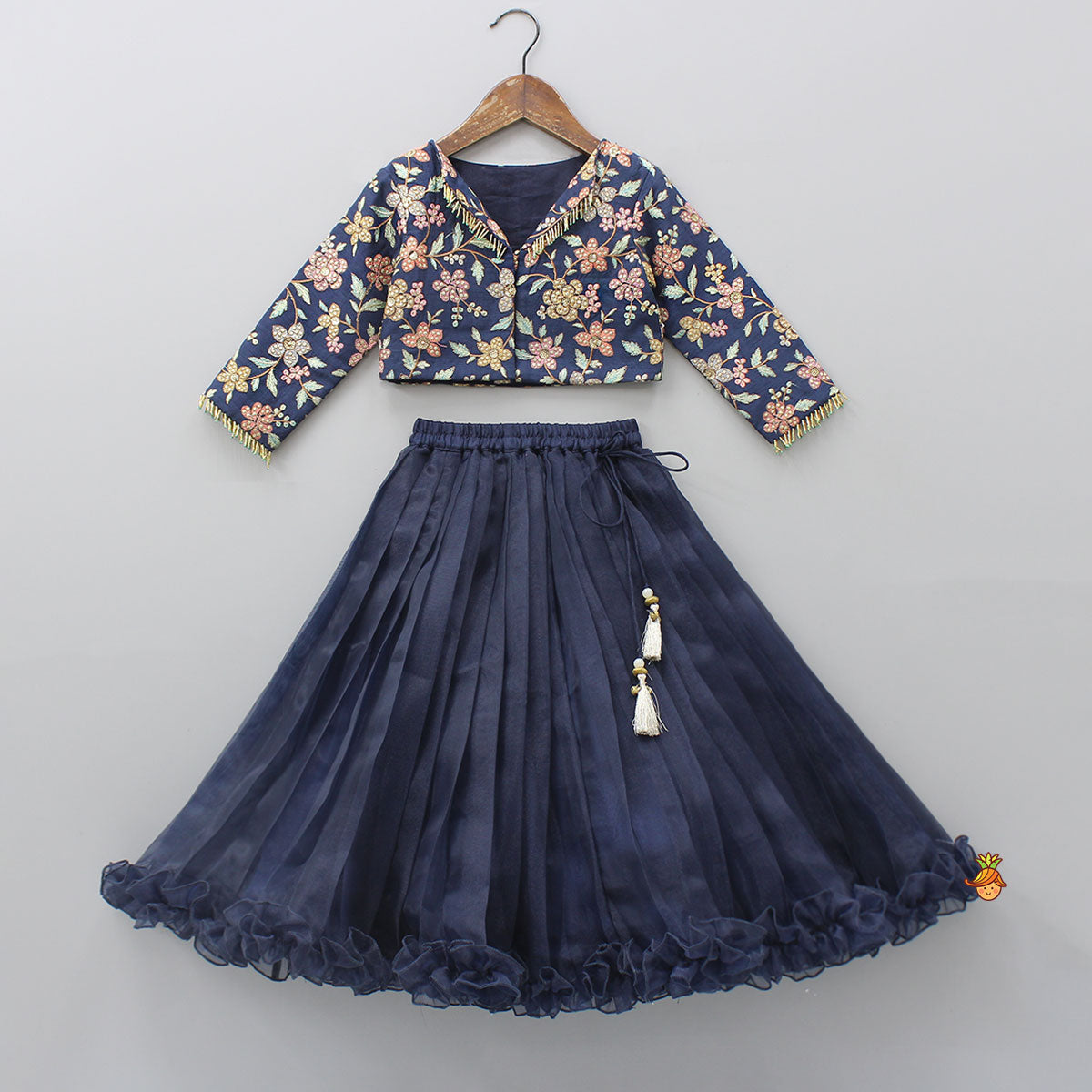 Pre Order: Front-Open Thread Embroidered Top And Pleated Lehenga