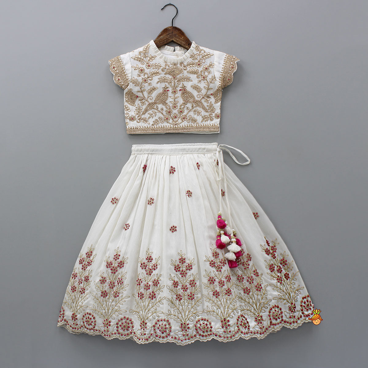 Pre Order: Pleated Neckline Heavily Embroidered Top With Lehenga