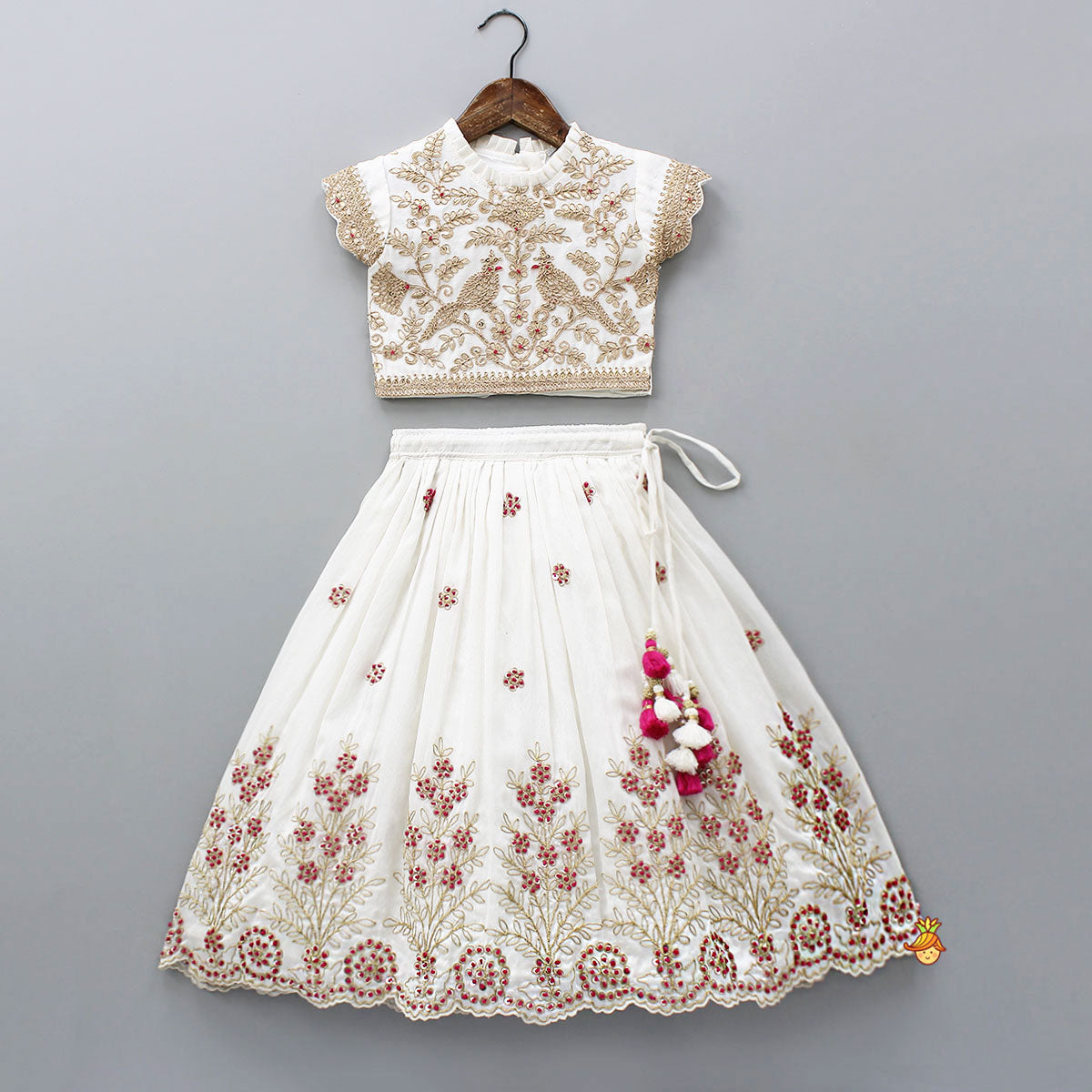 Pre Order: Pleated Neckline Heavily Embroidered Top With Lehenga