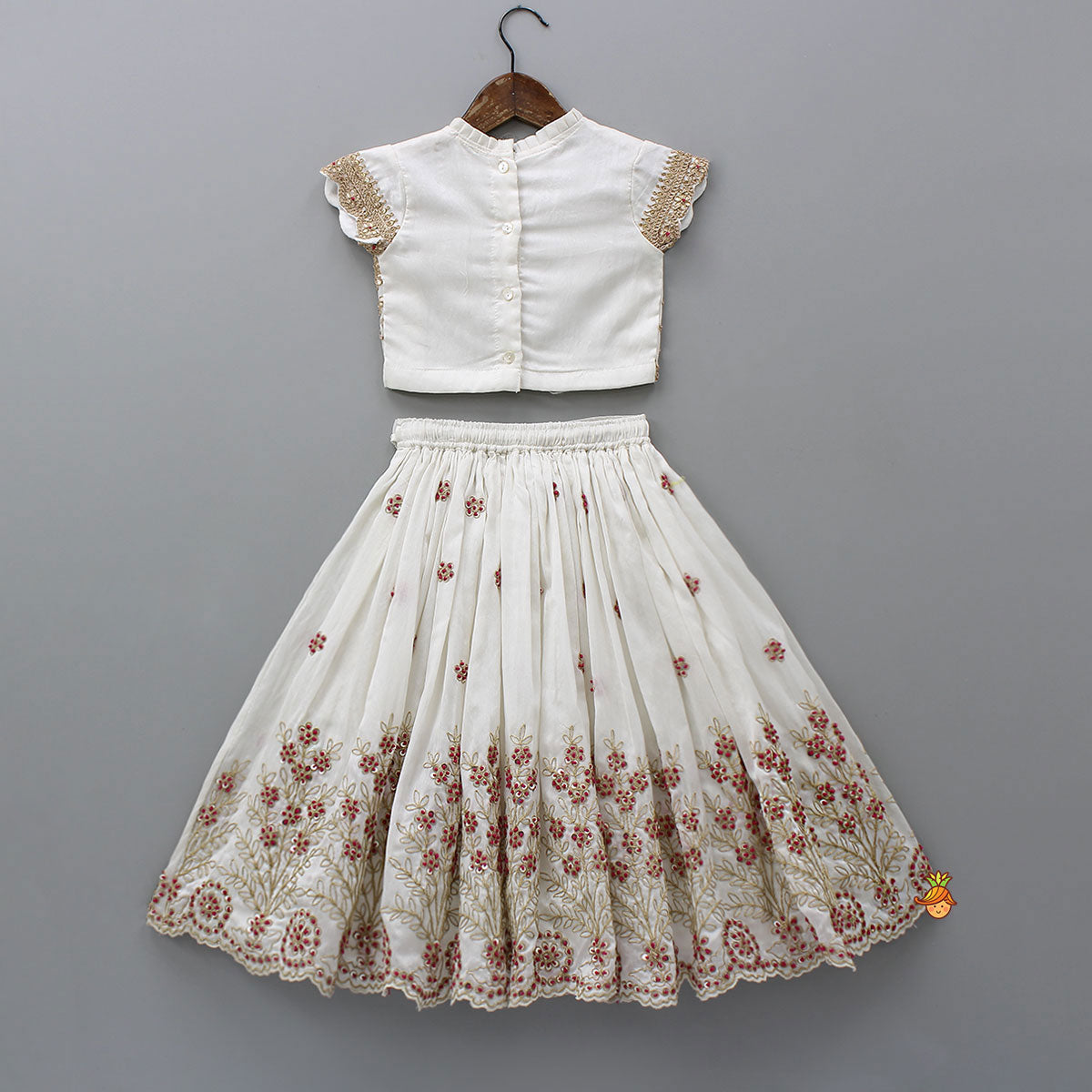 Pre Order: Pleated Neckline Heavily Embroidered Top With Lehenga