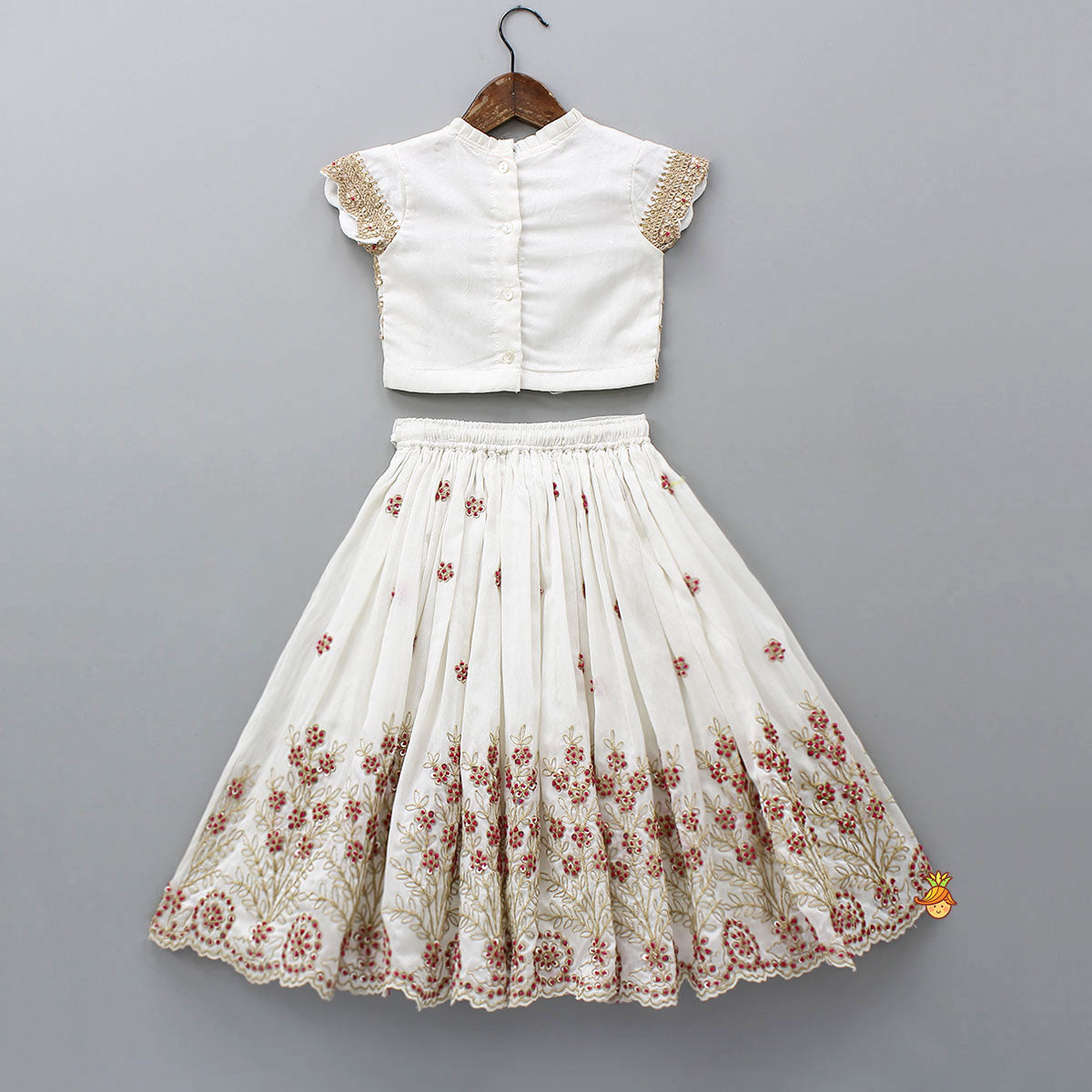 Pre Order: Pleated Neckline Heavily Embroidered Top With Lehenga