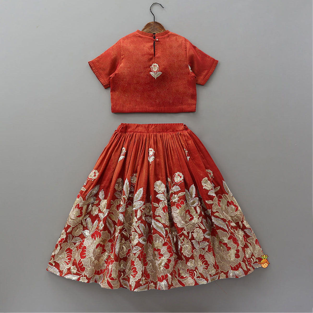 Pre Order: Intricately Flower-Embroidered Shimmery Top And Lehenga