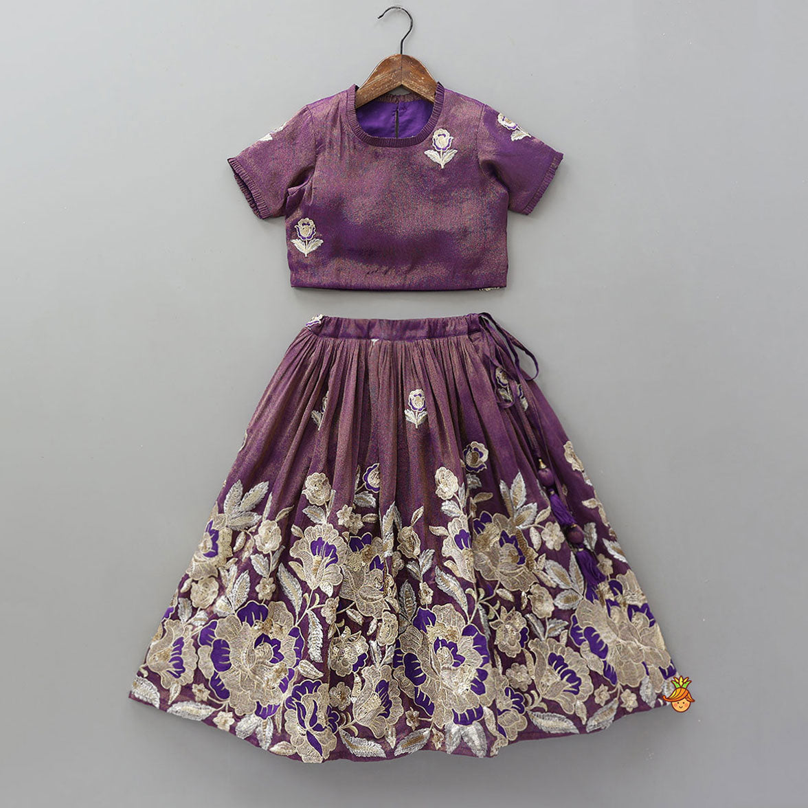 Pre Order: Intricately Floral-Embroidered Shimmery Top And Lehenga