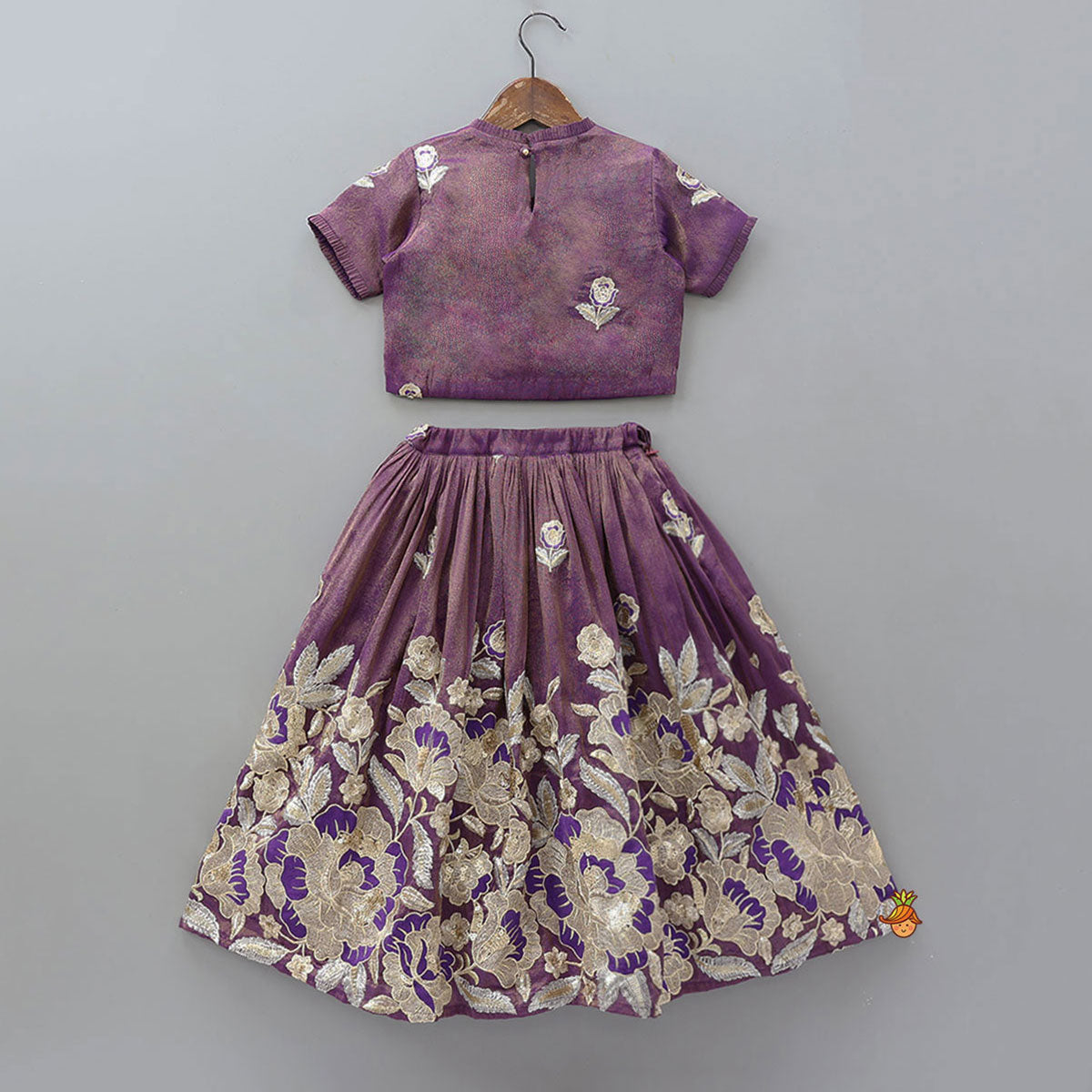 Pre Order: Intricately Floral-Embroidered Shimmery Top And Lehenga