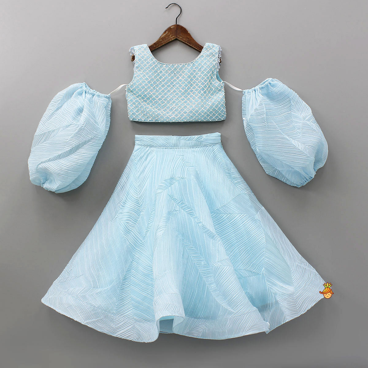 Pre Order: Checks Embroidered Top And Lehenga With Detachable Balloon Sleeves