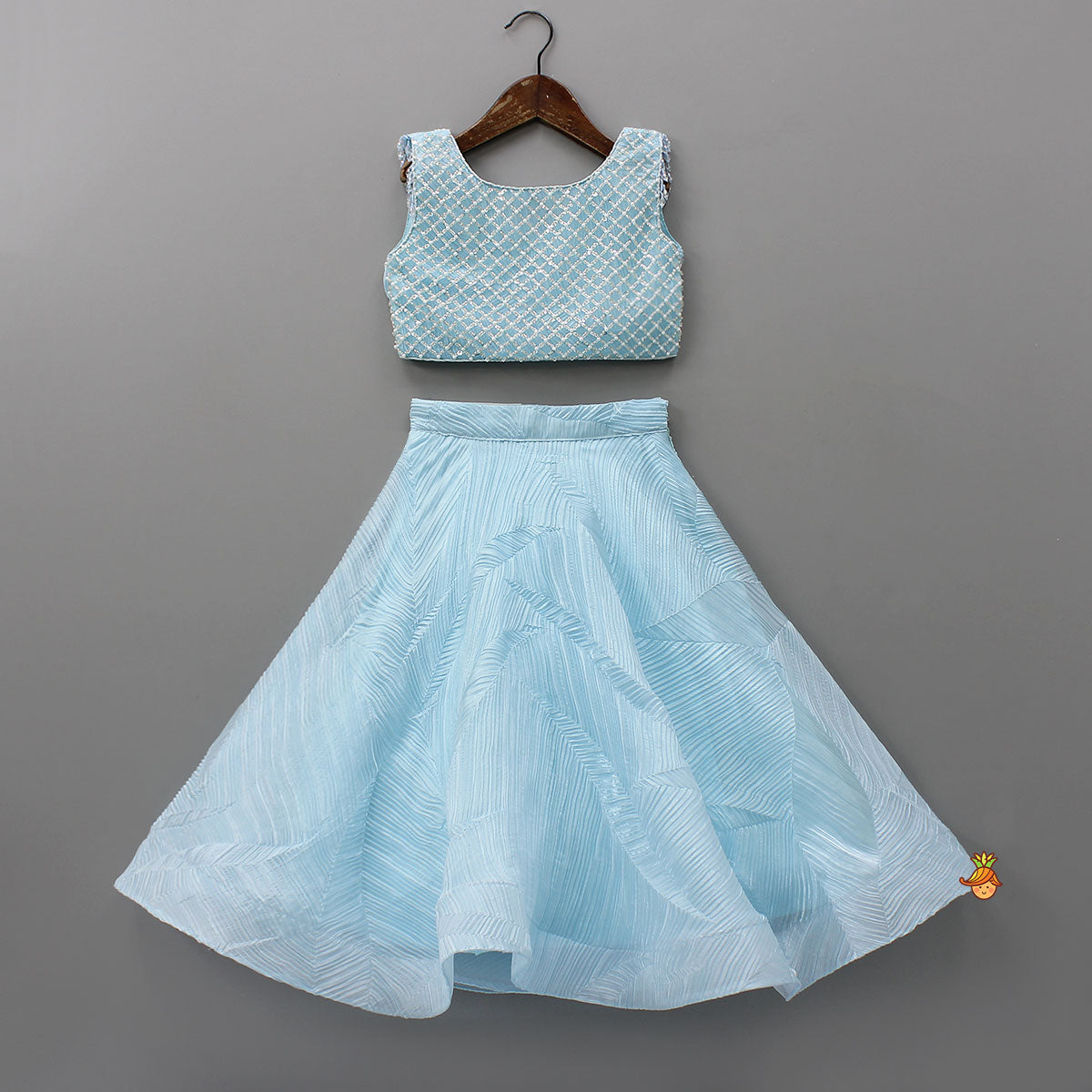 Pre Order: Checks Embroidered Top And Lehenga With Detachable Balloon Sleeves