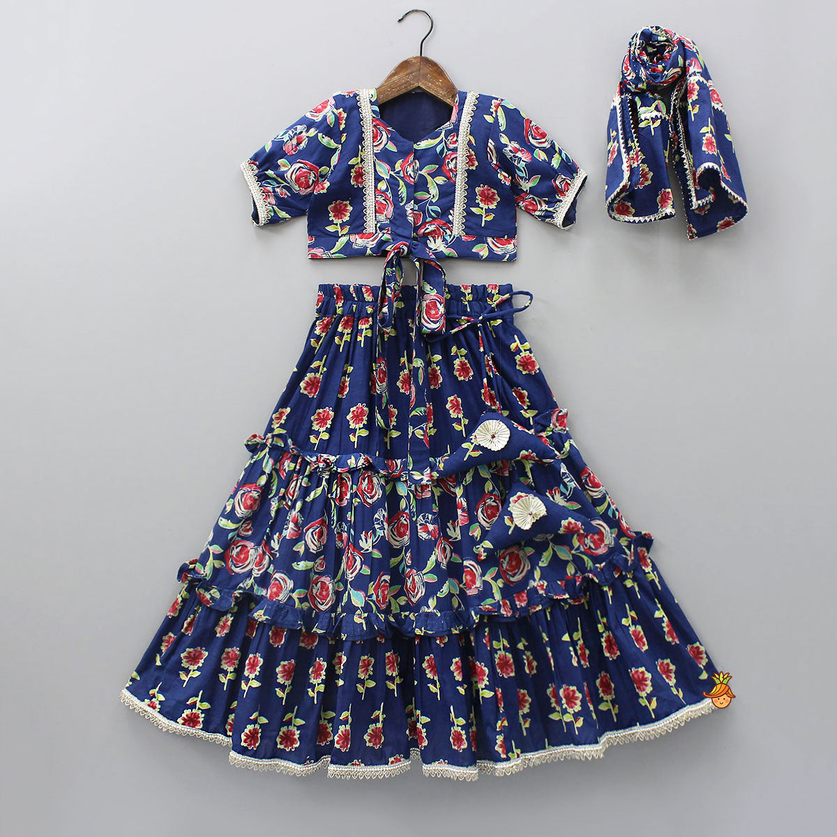 Front-Open Floral Printed Top And Lehenga With Matching Dupatta