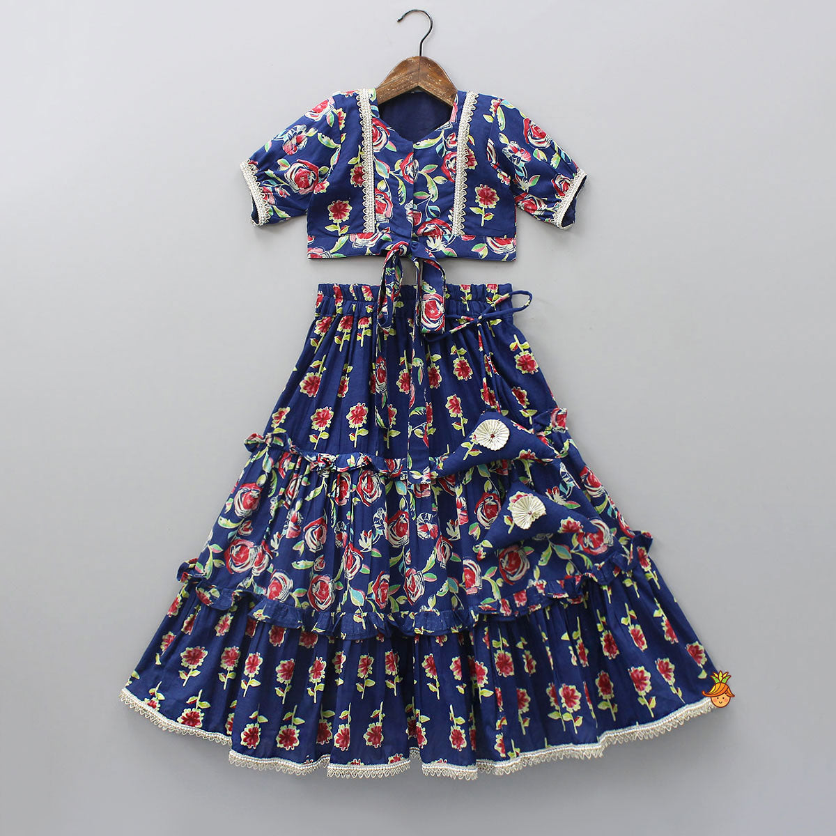 Front-Open Floral Printed Top And Lehenga With Matching Dupatta