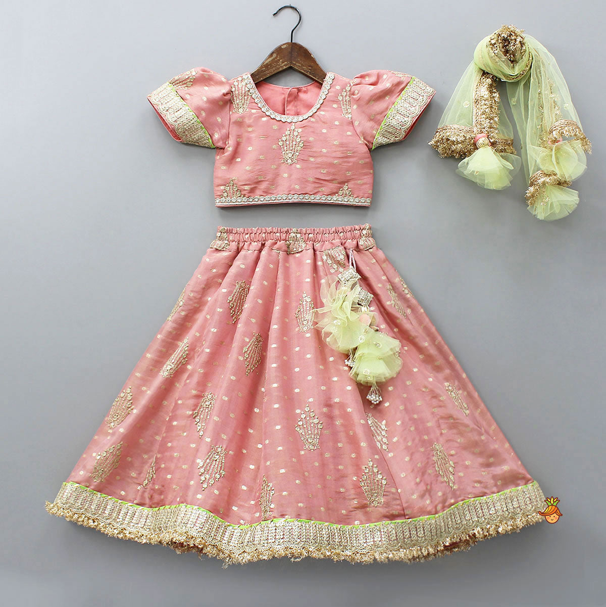 Pre Order: Stunning Booti Work Top With Lehenga And Contrasting Net Dupatta