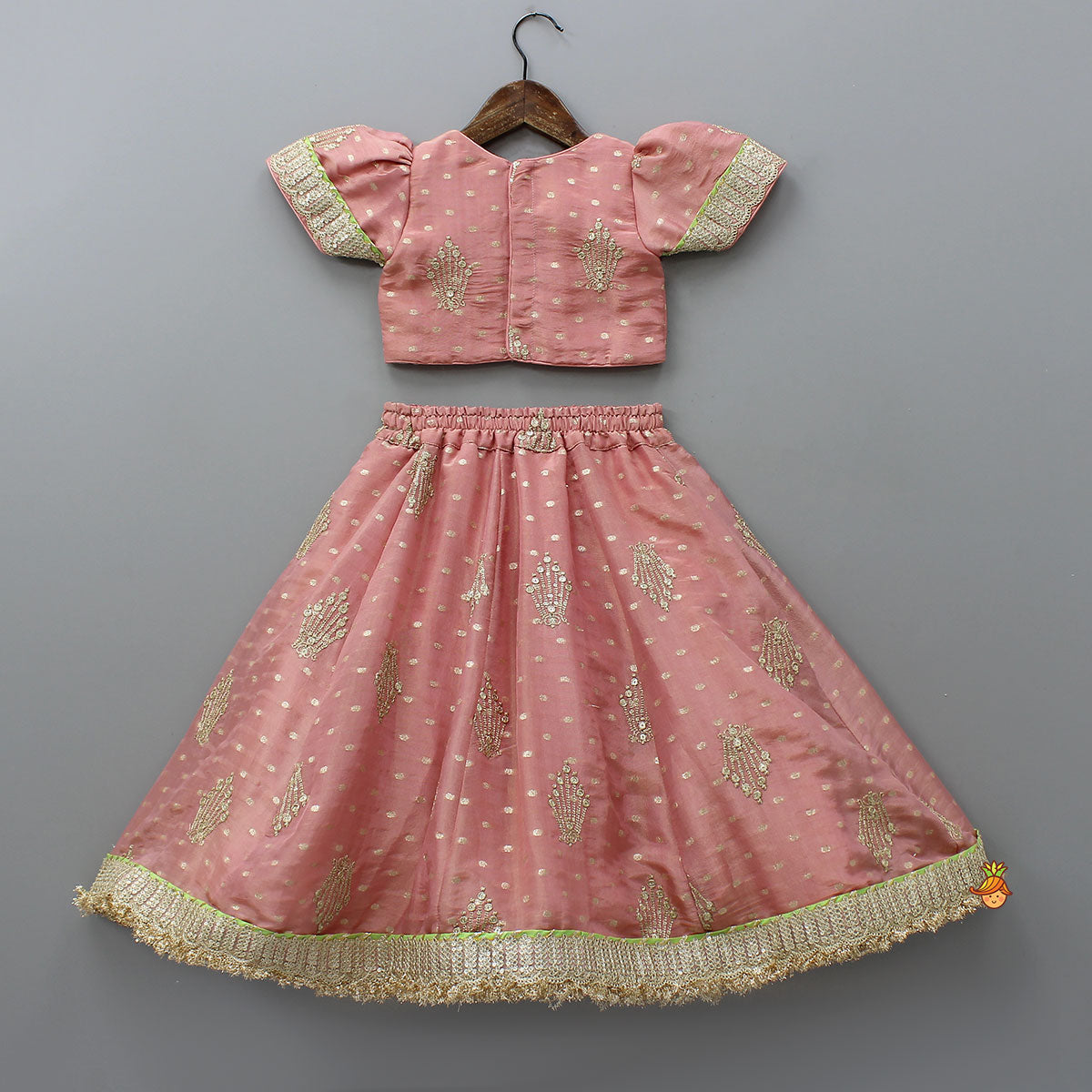 Pre Order: Stunning Booti Work Top With Lehenga And Contrasting Net Dupatta