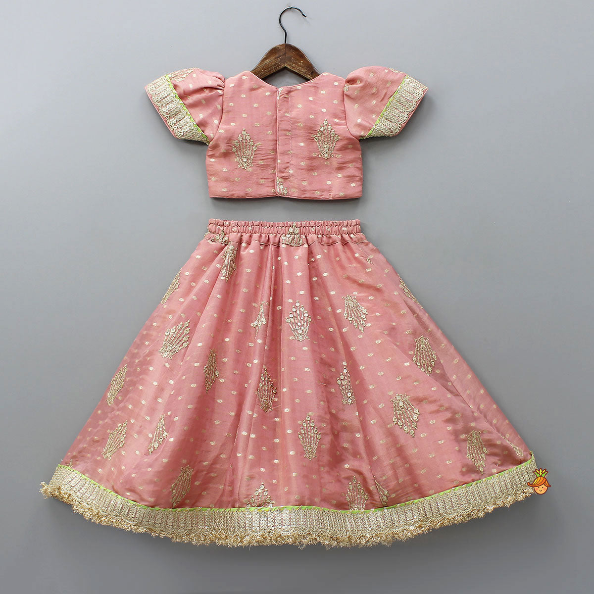 Pre Order: Stunning Booti Work Top With Lehenga And Contrasting Net Dupatta