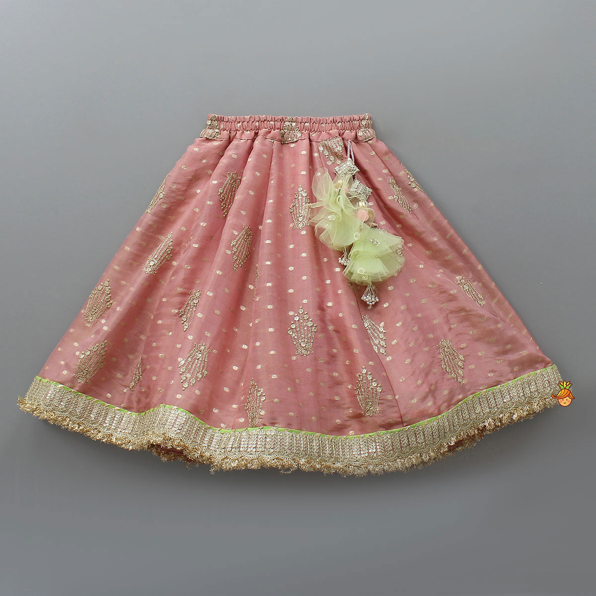 Pre Order: Stunning Booti Work Top With Lehenga And Contrasting Net Dupatta