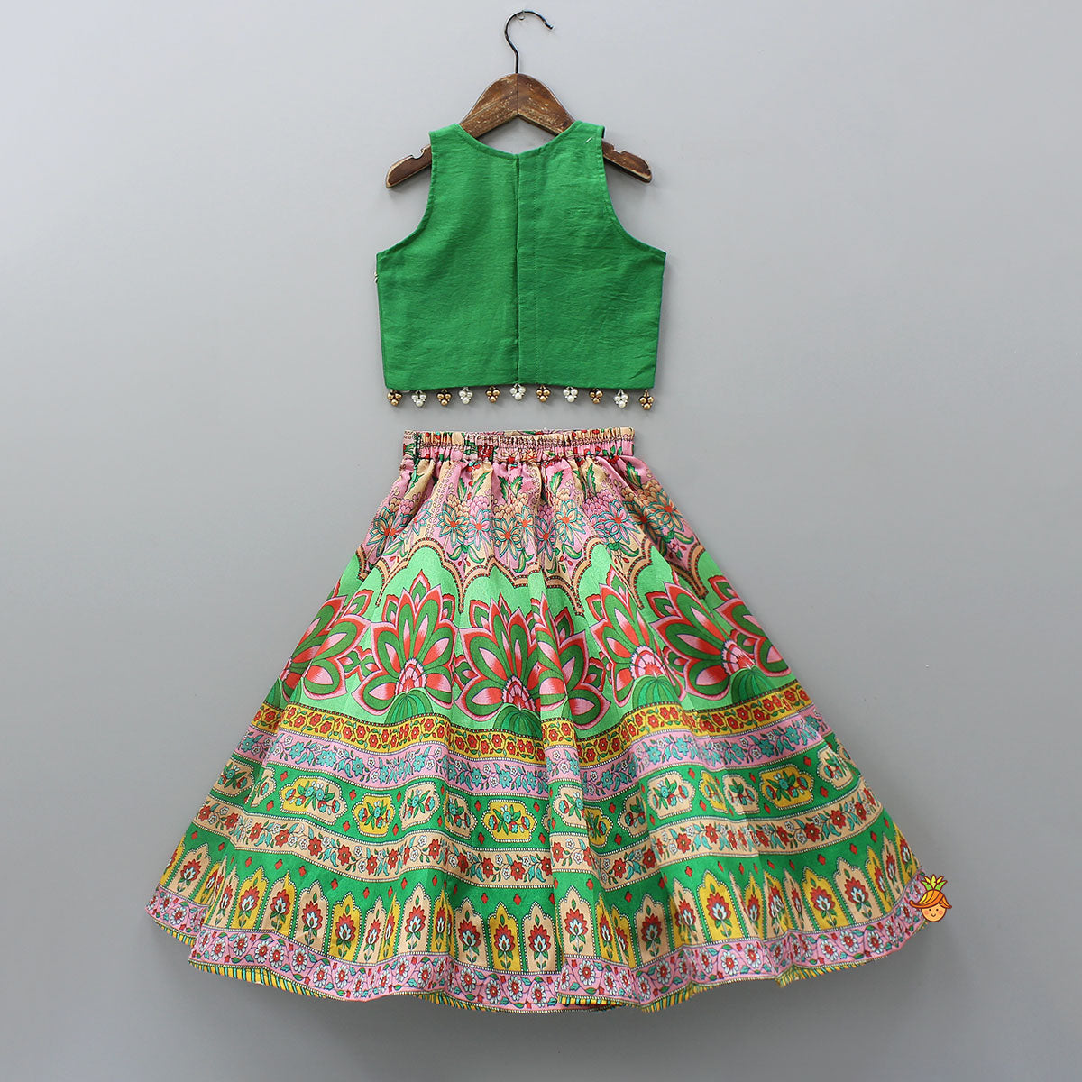 Pre Order: Elegant Lace Detailed Top And Printed Lehenga