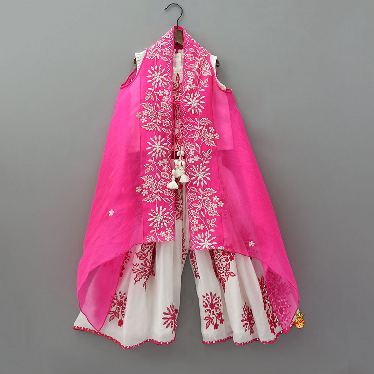 Pre Order: Pleated-Neckline Cape Top And Mirror-Work Palazzo