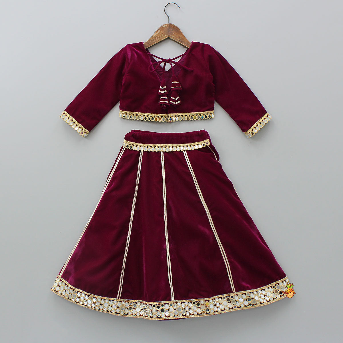 Pre Order: Velvet Mirror Work Top With Lehenga