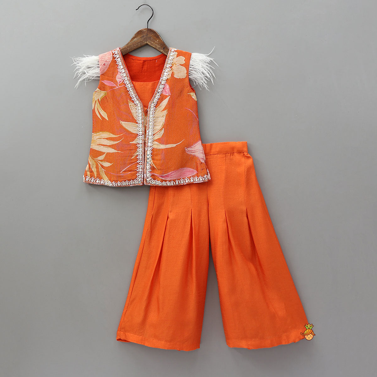 Pre Order: Strappy Top With Printed Shimmery Jacket And Palazzo