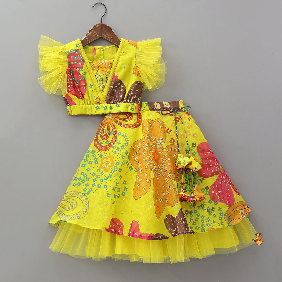 Pre Order: Multicolour Printed Net Detailed Top With Layered Matching Lehenga