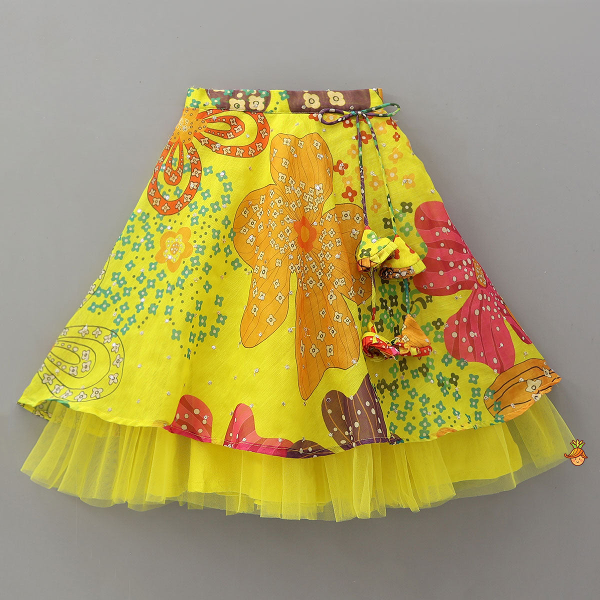 Pre Order: Multicolour Printed Net Detailed Top With Layered Matching Lehenga