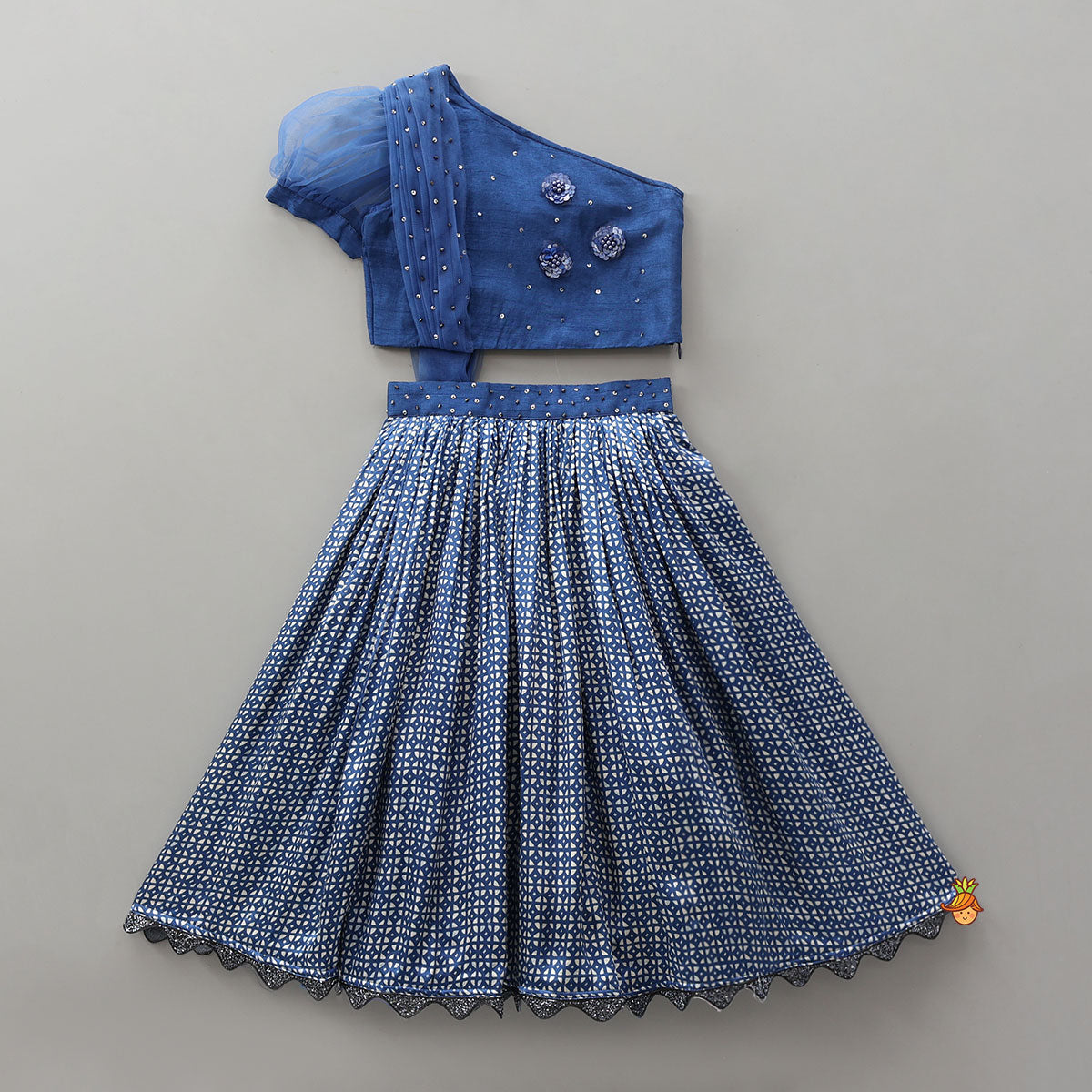 Pre Order: One Shoulder Drape Top With Lehenga