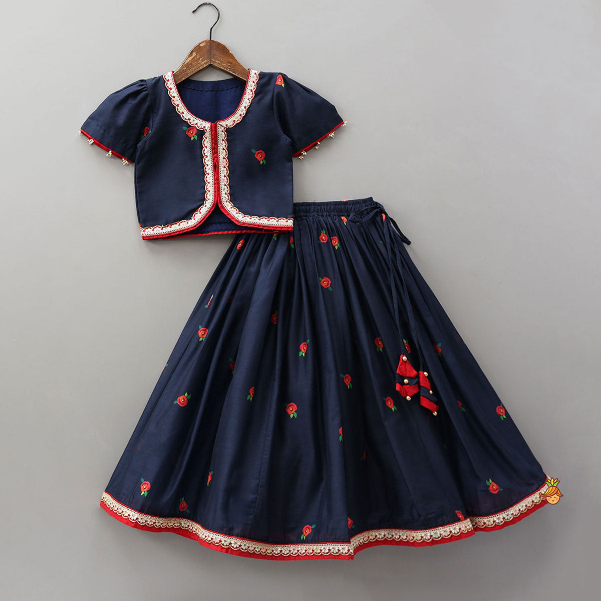 Pre Order: Floral Printed Round Neck Top And Lehenga With Contrasting Dupatta