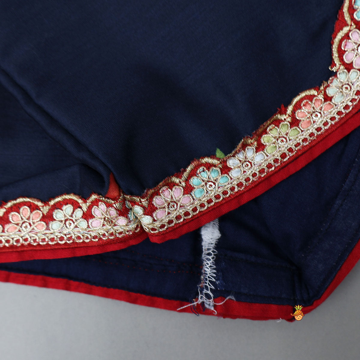 Pre Order: Floral Printed Round Neck Top And Lehenga With Contrasting Dupatta