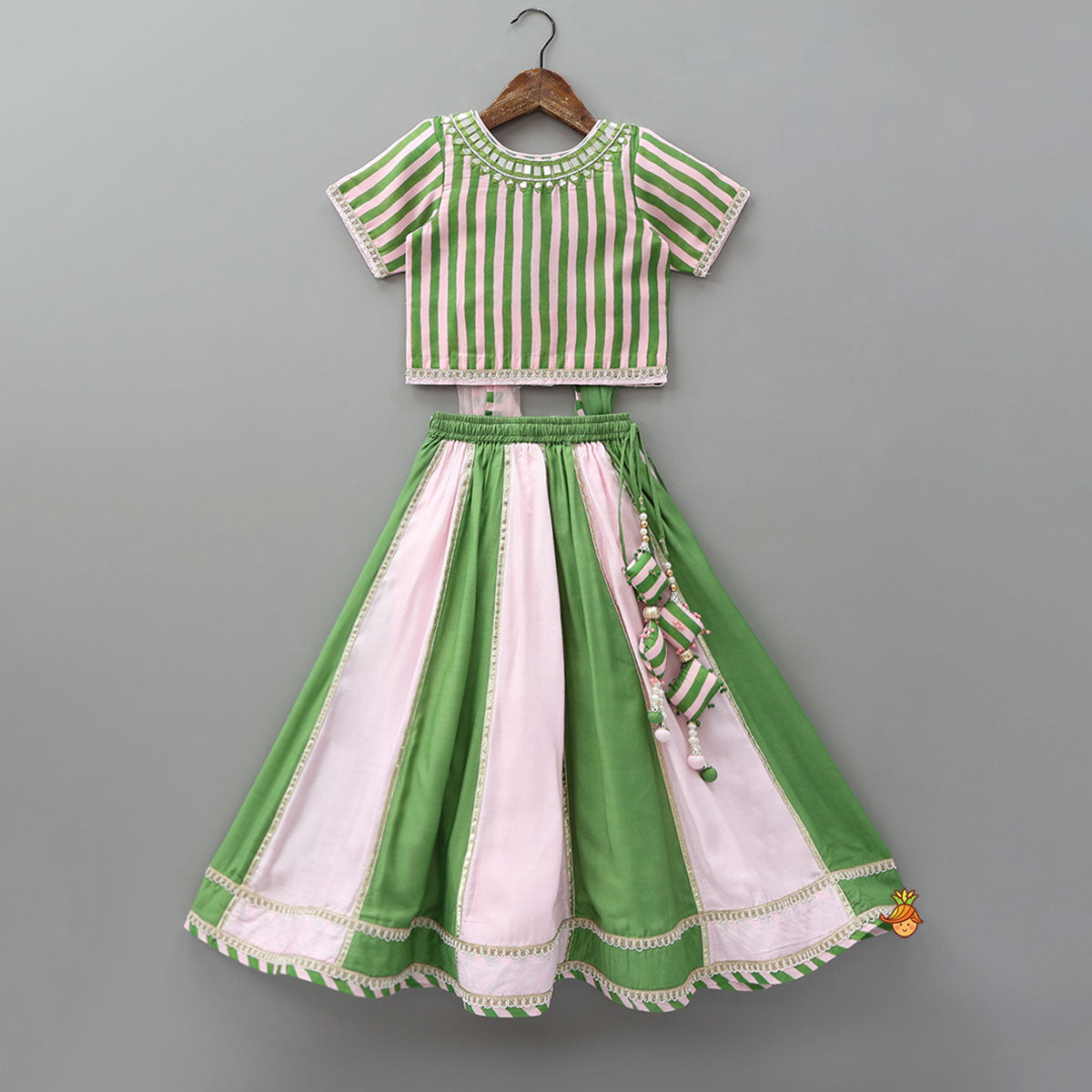 Pre Order: Striped Top And Colour Block Lehenga