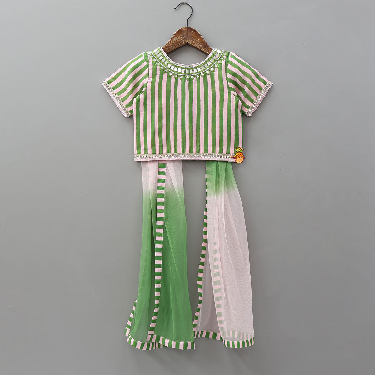 Pre Order: Striped Top And Colour Block Lehenga