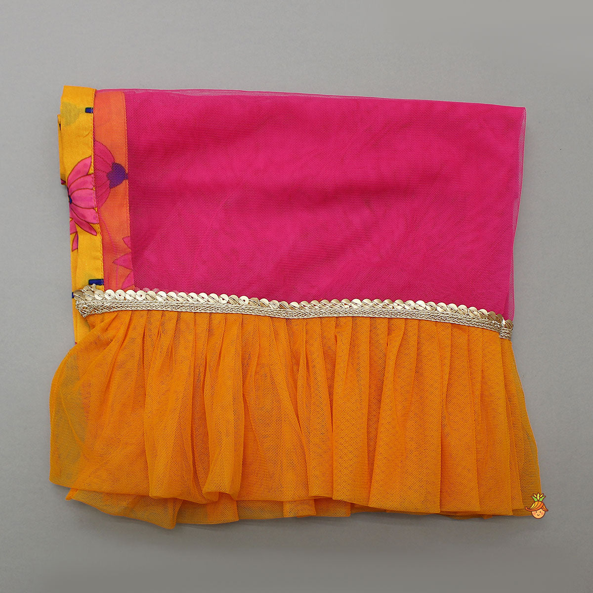 Pre Order: Elegant Floral Printed Kurti And Pant With Ruffle Dual-Tone Dupatta