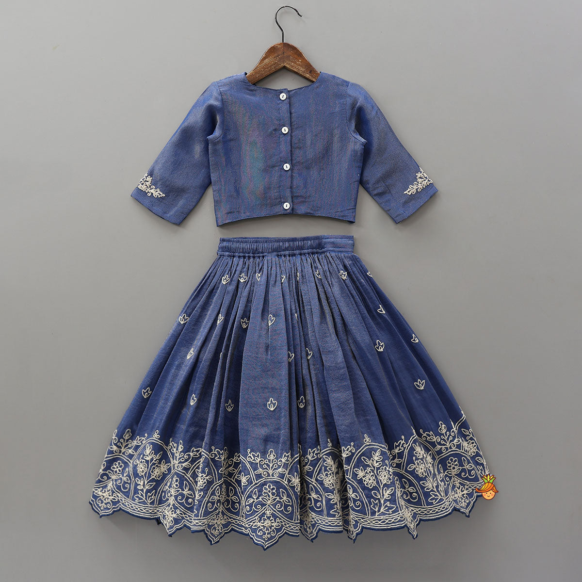 Pre Order: Shimmery Pleated Top And Lehenga With Matching Dupatta