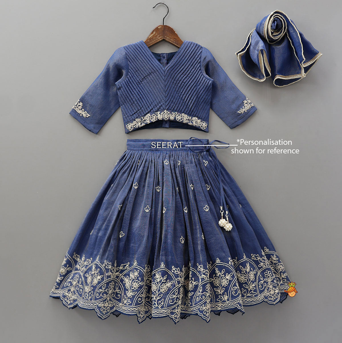 Pre Order: Shimmery Pleated Top And Lehenga With Matching Dupatta