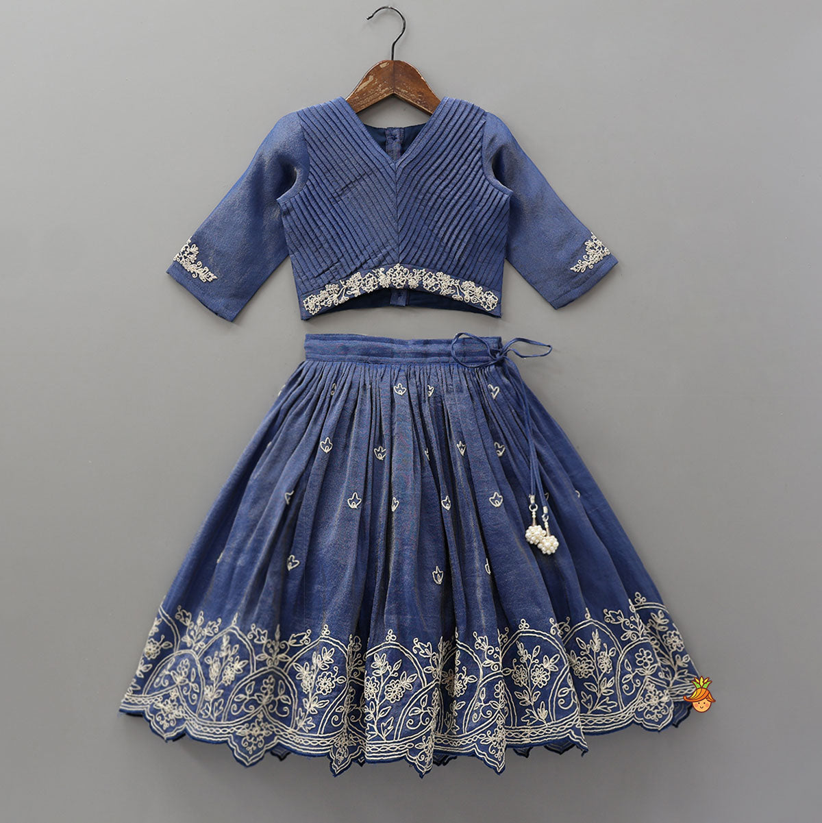 Pre Order: Shimmery Pleated Top And Lehenga With Matching Dupatta