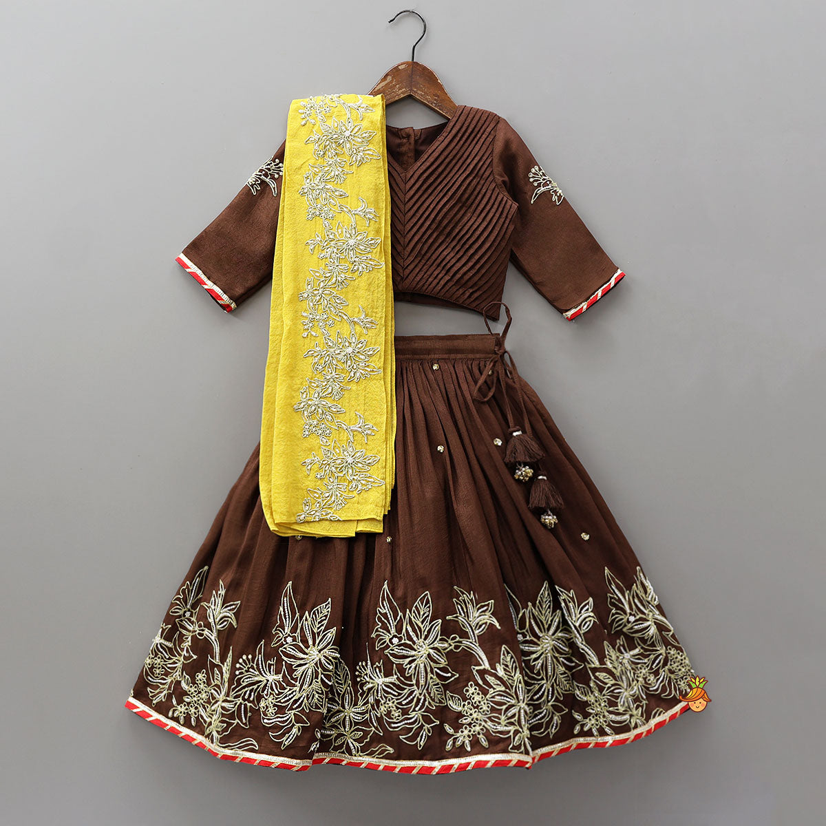 Pre Order: Pleated Top And Lehenga With Contrasting Dupatta