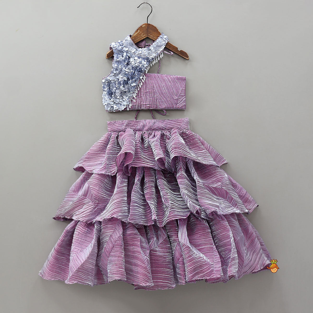 Pre Order: Beautiful Sequin One Shoulder Top With Crushed Layered Sheen Lehenga