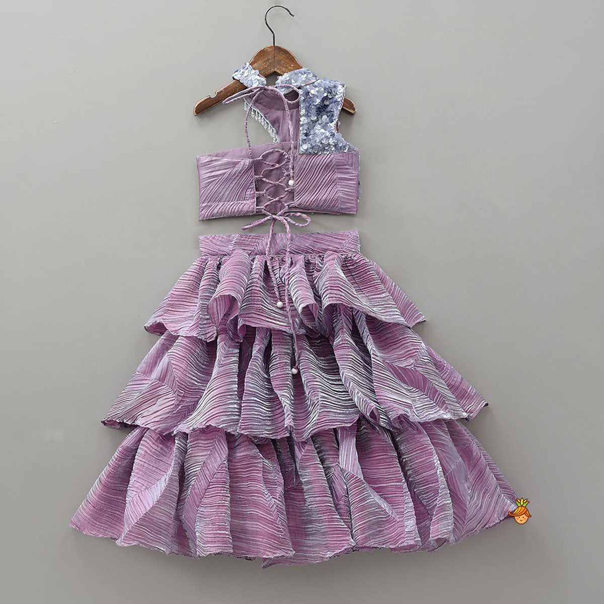 Pre Order: Beautiful Sequin One Shoulder Top With Crushed Layered Sheen Lehenga