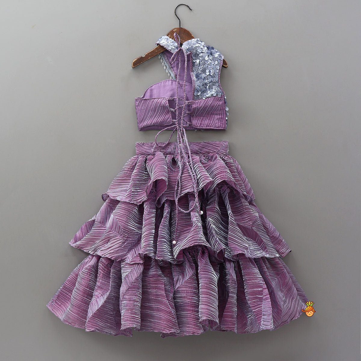 Pre Order: Beautiful Sequin One Shoulder Top With Crushed Layered Sheen Lehenga